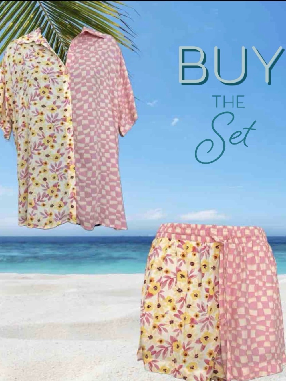 Buy The Set: Two-Tone Floral & Checkerboard Lounge Set — Pink and Yellow
